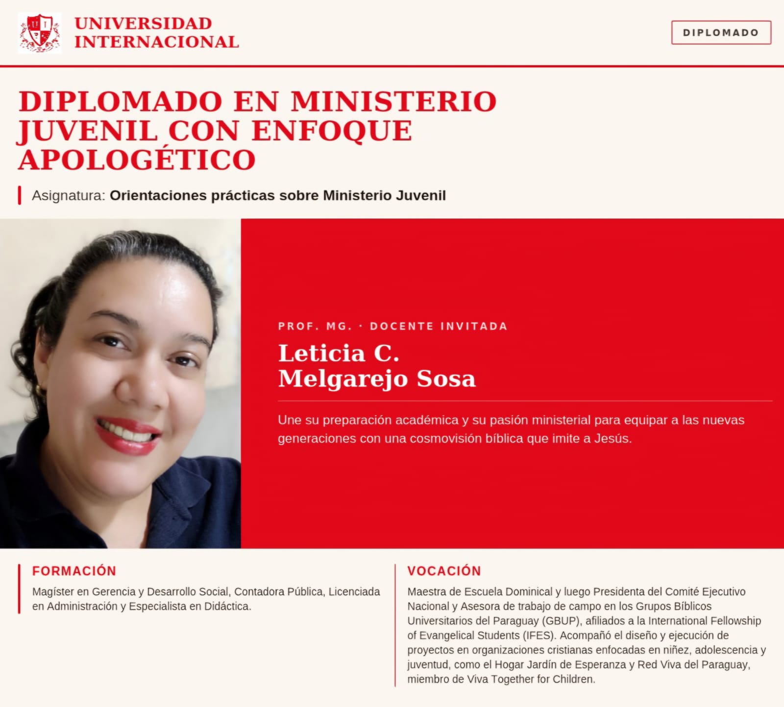 Prof. Mg. Leticia C. Melgarejo Sosa, docente invitada de Orientaciones prácticas sobre Ministerio Juvenil